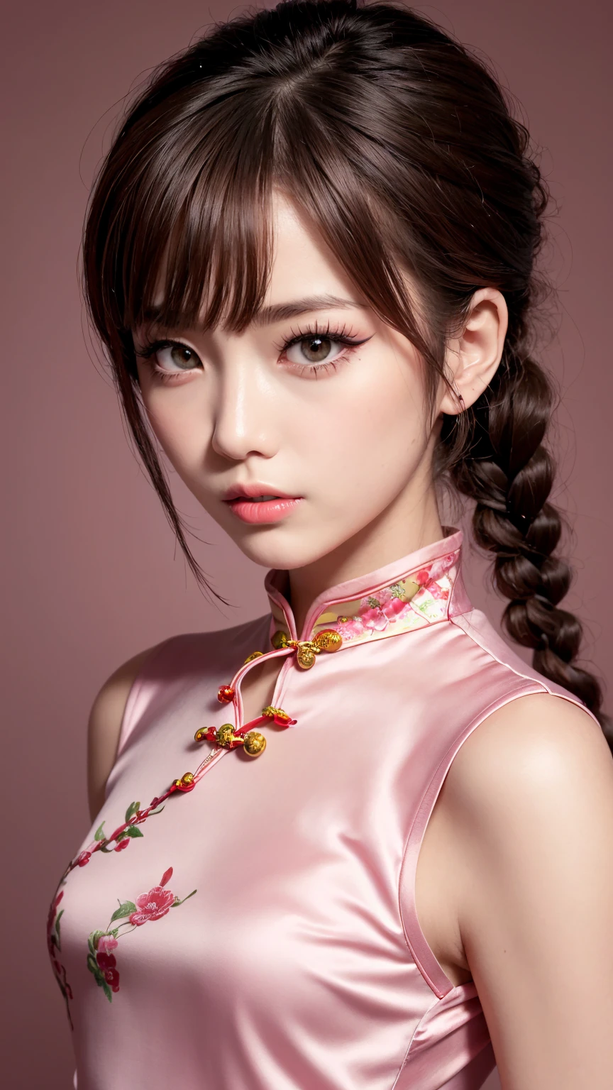 Realistic, masterpiece, Highest quality, Highest Resolution, Anatomically correct, Accurate Anatomy, One Japanese woman, A sharp expression with some teeth showing, 視聴者を見ずに遠くを見るSharp Eyes, Fine and beautiful eyes, Sparkling eyes, Thin eyebrows, Gives lashes a delicate finish, False eyelashes, (Chinese traditional makeup:1.2), (Braided hair, Blunt bangs, Brown Hair:1.2), Detailed face, Sharp Eyes, (Classic pink cheongsam:1.3), Bust up photo, Blank background in warm colors