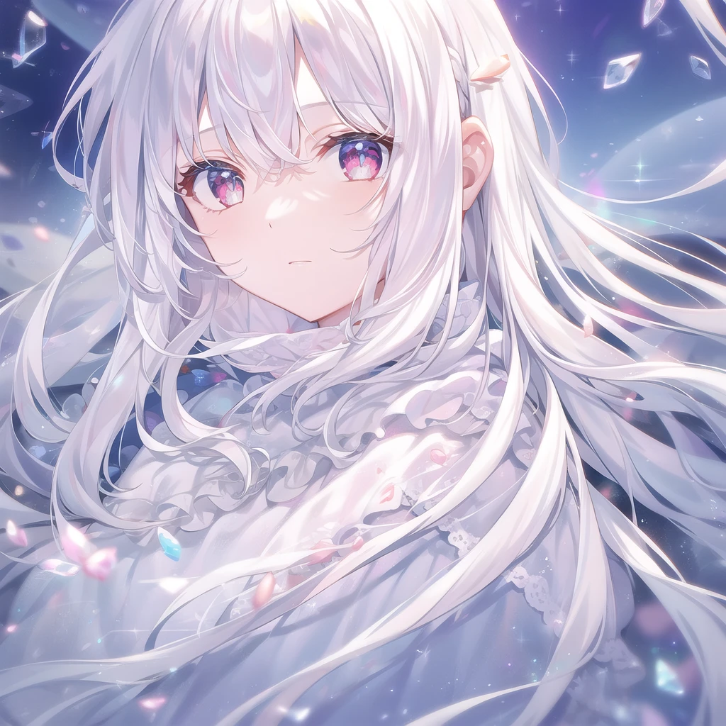 ((masterpiece, best quality))++, Detailed lighting+, Detailed hair+, Detail hand+ ,1 girl, Miss, Long hair, Crimson eyes, beautiful eyes, young white hair,,(Beautiful white hair:1.5),(Beautiful and delicate eyes), high resolution+,glass tint, Reflective eyes, {{angle}} , Very detailed wallpaper, The original, Air bangs,Extremely beautiful CG,Firefly,Galaxy,Shattered like a mirroghting,Galaxy