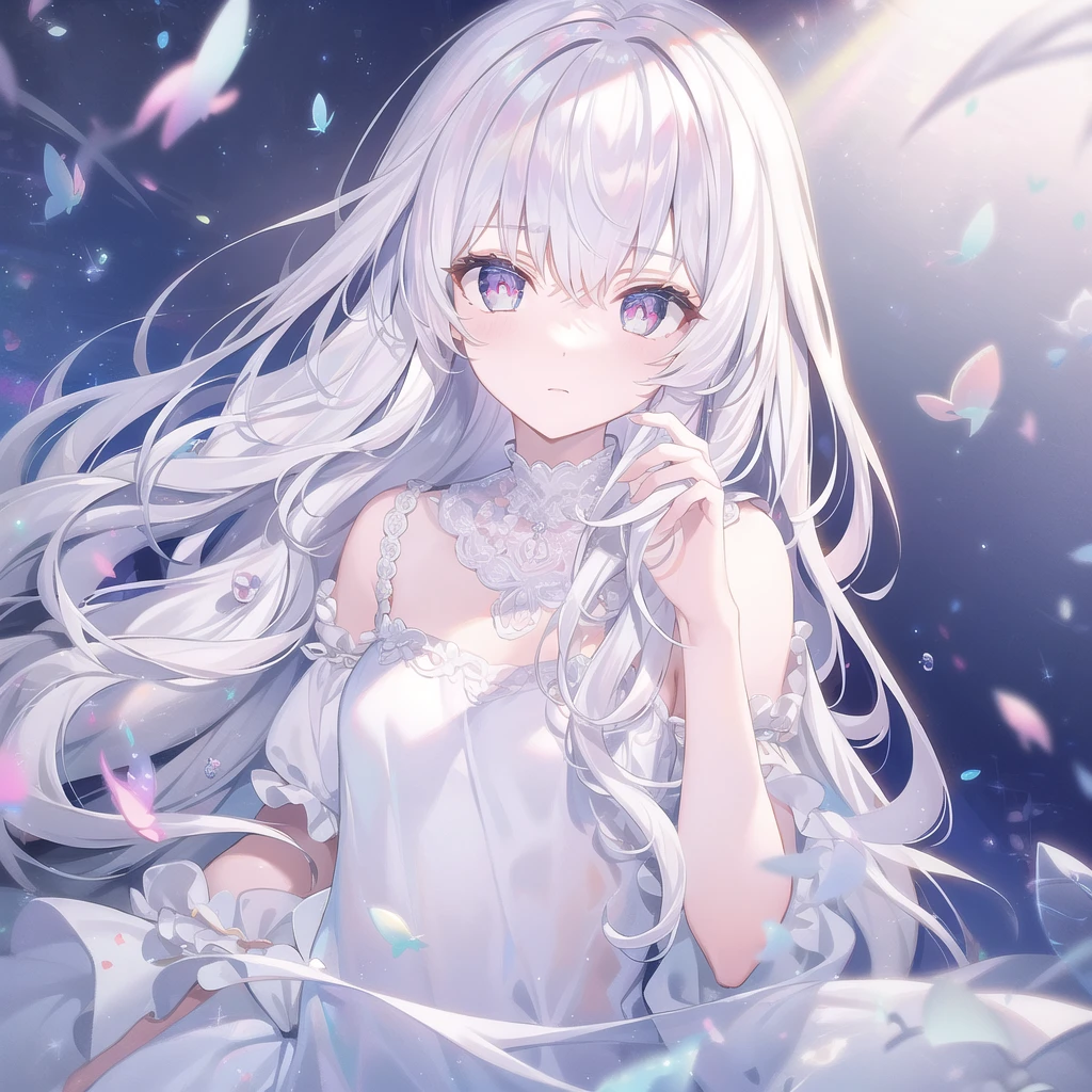 ((masterpiece, best quality))++, Detailed lighting+,  Detailed hair+, Detail hand+ ,1 girl, Miss, Long hair,   Crimson eyes,  beautiful eyes, young white hair,,(Beautiful white hair:1.5),(Beautiful and delicate eyes),  high resolution+,glass tint, Reflective eyes,   {{angle}} , Very detailed wallpaper, The original, Air bangs，Extremely beautiful CG，Firefly，Galaxy，Shattered like a mirroghting，Galaxy