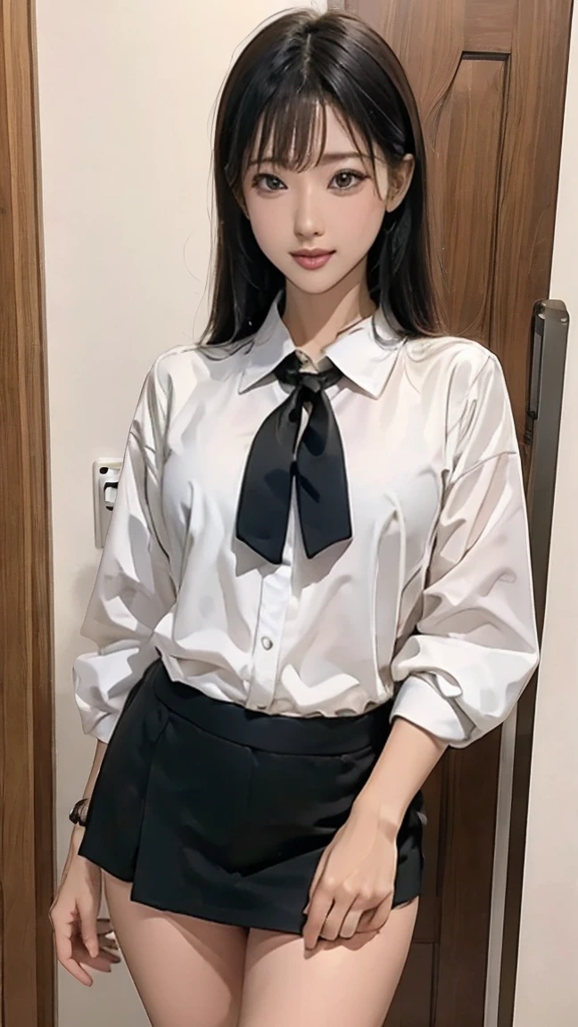 masterpiece, Highest quality, Very detailed, shape, Great lighting, Structure of the film, Isoscale, One Girl, alone, cute, Brown eyes, Black Hair, Swept-apart bangs, one side lock, Red Hair Clip, White collared shirt, Black tie, Black Mini Skirt, formal, Captivating Gaze, Seductive pose, indoors, office, door, opening door, View your audience, Show one&#39;Upper Body, blush, Captivating smile, Mouth closed,(8k:1.1),
