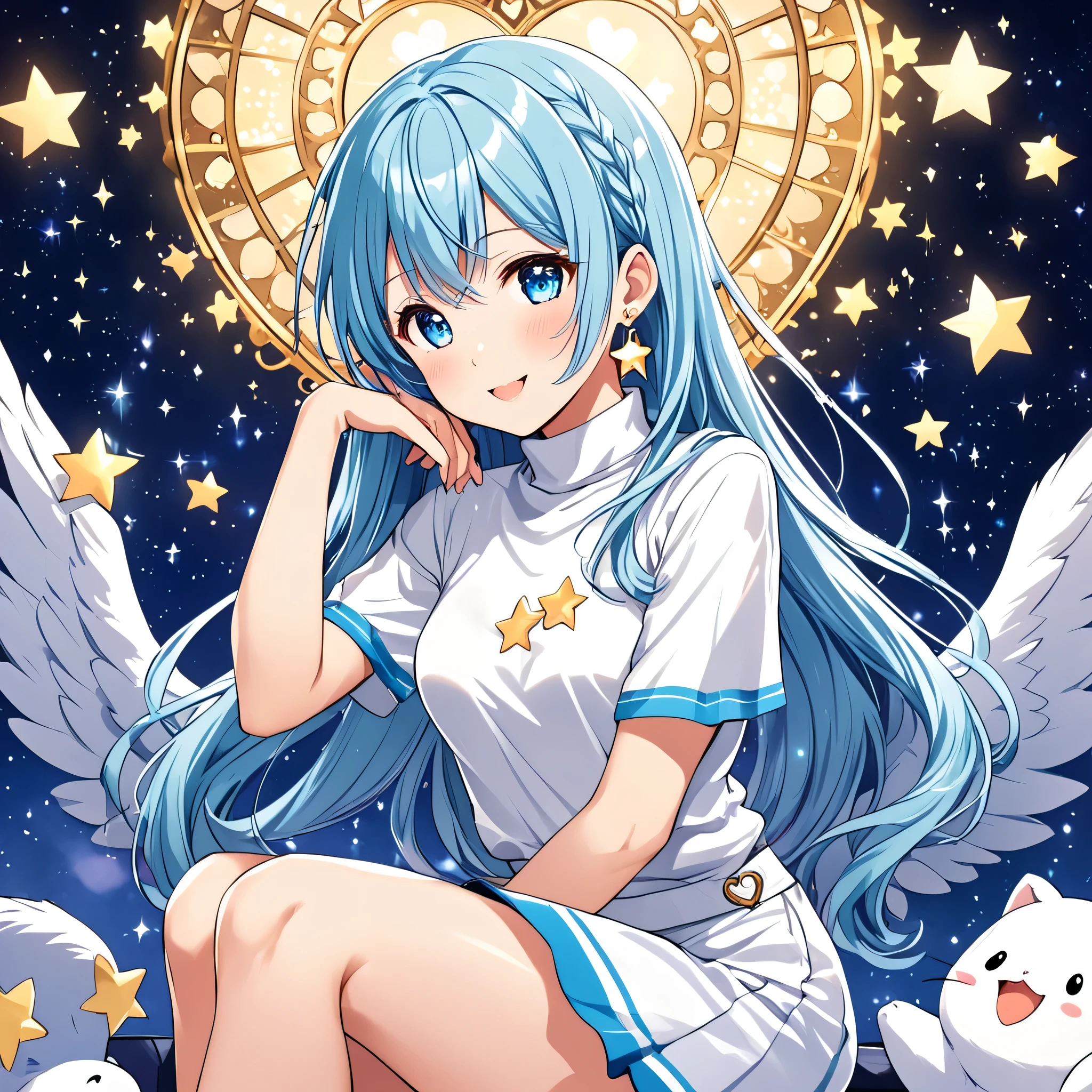 Aoi Nakamura is an extremely cute and charming young journalist, perfect as a mascot for Anime Lover Brazil. Your light blue hair, Long and slightly wavy, falls gracefully from the shoulders, giving it an elegant and captivating look. Her big clear eyes are always shining with curiosity and enthusiasm, reflecting your passion for discovering new stories and adventures.
Aoi's fair and smooth skin highlights her semi-human nature, while the adorable wolf ears, covered in soft blue fur, positioned on top of the head, add a distinctive and charming touch to your appearance. Complementing its wolfish characteristics, a blue wolf tail sways happily behind her, expressing your emotions clearly.
Dressed in a white turtleneck micro t-shirt, adjusted to the body, and a low-waisted pencil skirt decorated with small star designs, Aoi displays a cute, age-appropriate style. Its slender and exposed waist adds an innocent charm, while small earrings in the shape of hearts or stars complete her enchanting look.
In his characteristic pose, Aoi is sitting with her arms crossed, exuding a combination of confidence and tenderness. With a radiant smile and a sparkle in your eyes, She forms a heart with her hands, showing your love and dedication to your work and your friends. This pose not only highlights her cuteness, but also his friendly and energetic personality, captivating everyone around you.