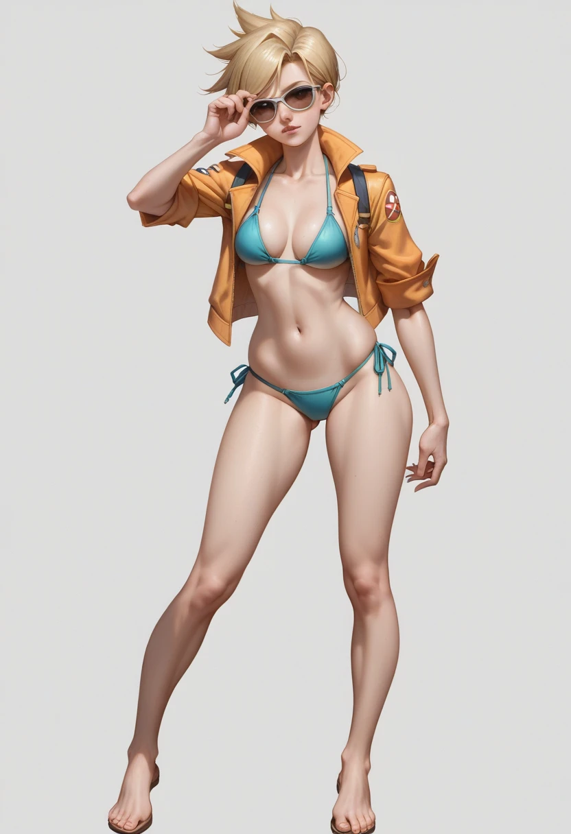 anime girl in a bikini with a life jacket and sunglasses, misty from pokemon, full body portrait of a short!, full body:: sunny weather::, android 18, female protagonist 👀 :8, high quality fanart, cushart kenz, overwatch tracer in a bikini, anime woman fullbody art, faye valentine, by Ei-Q, by Shingei