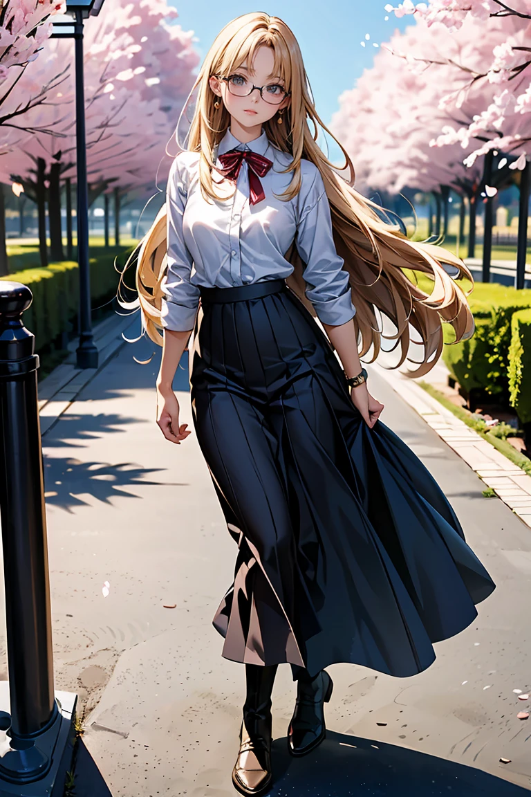 ((Highest quality)),(超High resolution),(非常にdetailed),(detailed Description),((The best CG)),(masterpiece),Ultra-detailed art、(Highest quality、8k、32K、masterpiece)、(Realistic)、(Realistic:1.2)、(High resolution)、非常にdetailed、とても美しいfaceとeye、1 female、((細いeye、垂れeye:1.4、fine grain))、Tight waist、Delicate body、(Highest quality、Attention to detail、Rich skin detail)、(Highest quality、8k、Oil paints:1.2)、非常にdetailed、(Realistic、Realistic:1.37)、 face: 大きなeye、Sharp jaw、Thin eyebrows、整ったface立ち 髪型: Straight long hair、The bangs are straight and fall on the forehead.: Brown or platinum blonde skin: Light skin tone、Smooth and healthy skin clothing: tops: A tight-fitting uniform jacket、Knee Length Accessories: Simple Earrings、Watches Shoes: Loafers or short boots Other features: Performance: 穏やかで優しい笑faceのポーズ: standing naturally、or、Background with hands lightly placed on hips: School corridor、or自然の風景(Under the cherry blossoms) detailed: eye: 大きくて輝くeye、 Hair swaying as if blown by the wind.、Give it a glossy look,Glasses,teacher