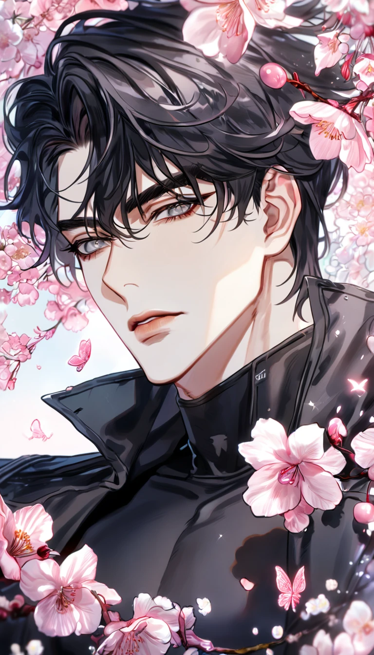 Ultra detailed, HDR, Highres, absurdres, master piece, Yoo Joonghyuk, black hair, expressive gray eyes, black coat, black tight turtleneck shirt, Omniscient Reader's viewpoint, sexy man, handsome, cherry, flowers, blossoms, fantasy, magical, pink leaves, sensual, best quality, glittering, pink butterflies, pink ice,