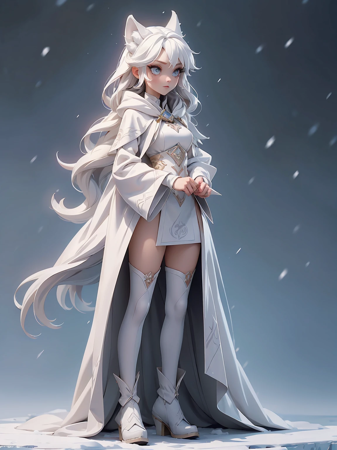 (((masterpiece, best quality, high detailed, 16k))) (1girl) A snow girl with a playful yet fierce demeanor, her eyes sparkling with icy determination. Her hair is a frosty white, cascading down in soft waves. She wears a wolf-themed outfit, complete with a fluffy, white wolf hood and a matching fur-trimmed cape. Her attire is designed for the harsh, snowy wilderness, providing warmth and agility. In her hand, she wields a beautifully crafted sword, its blade glistening like ice. Her stance is ready and vigilant, exuding both innocence and strength. Around her, the snowy landscape highlights her presence, making her look like a guardian of the winter realm. ((full body view))