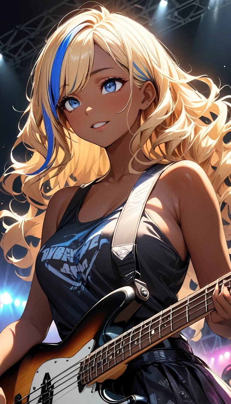 (highest quality:1.2, Very detailed, up to date, Vibrant, Ultra-high resolution, High Contrast, masterpiece:1.2, highest quality, Best aesthetics), Portraiture、girl、slim, stage、performance、Rock Music、Bright colors、Beautiful fine details、Beautiful lip detail、extra short hair, ((wavy hair:1.3))、messy hair, blonde and blue ((streaked hair:1.5)), highlights hair: 1.3, medium breast, (tan skin:1.3), Music band、Cheerful pose、Concert Light、Edgy Style、black tank top、Dynamic Movement、hypnotic sounds、Stadium、amplifier、Loud music、Electric bass、((playing bass:1.3)), Fender bass, Passionate performance、Concert atmosphere、Music Festival、Full of emotion、Rock star attitude、Resolute expression、Avid Fan、Expressive gestures、 look far away, wide eyed, (upper body),