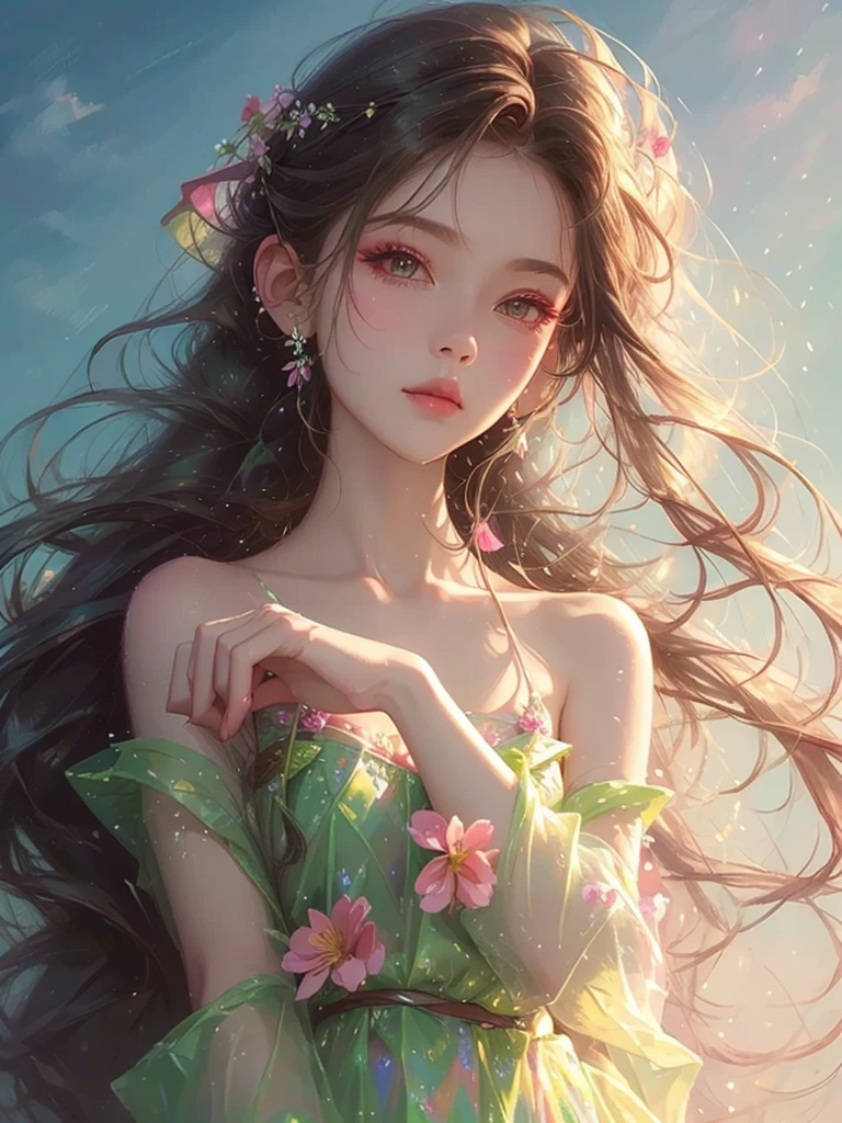 High quality, high resolution, one beautiful girl, pink long hair up, fantastic pink flower field, pink flower field, pink dress, rainbow in the sky, fantasy art, Korean glitter eye makeup, very delicate makeup, sparkling flowing hair, colorful flowers blooming