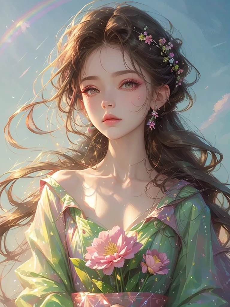 High quality, high resolution, one beautiful girl, pink long hair up, fantastic pink flower field, pink flower field, pink dress, rainbow in the sky, fantasy art, Korean glitter eye makeup, very delicate makeup, sparkling flowing hair, colorful flowers blooming