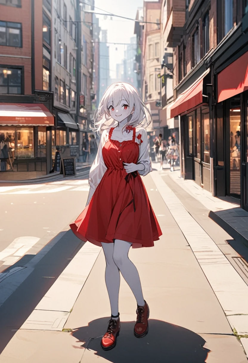 Young girl with white hair and red locks, White skin, She wears a casual red dress and shoes, she has a smile and is friendly, in the background there is a city