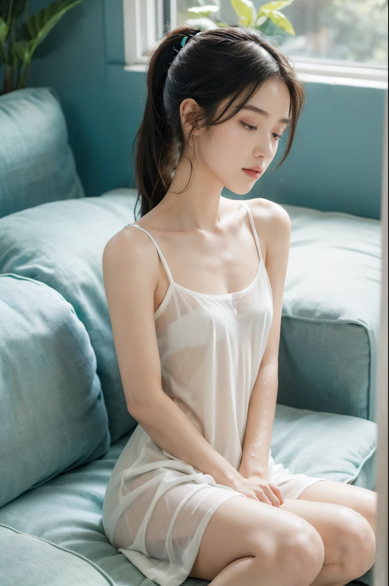 (((best quality))), (((ultra detailed))), (((masterpiece))), illustration,(summer afternoon:1.3),(a beautiful girl,solo),(short ponytail:1.2),((slim,thin)),((small breasts,flat chest)),((sweat,wet)),(white sheer sundress:1.3), tan skin, delicate features, white polka dots, loose flowing dress, comfortable fit, (sitting on the floor:1.3),(arms behind back:1.3),(spread legs apart:1.3),(beside the air conditioner:1.3),relaxing, enjoying cool air,blowing air, cozy couch, coffee table,teal wall, plants, greenery, window, sunlight, sheltered from heat, cool refreshing environment, lazy summer day, bearable heat, serene expression, comfortable attire, sense of peace, relaxation, delightful,((from front,upper body))