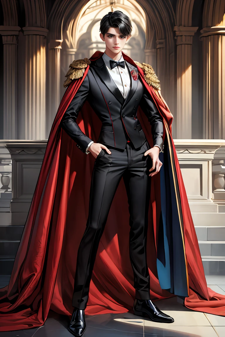 masterpiece, 最high quality, high quality, 1 boy, alone, Male focus, Watching the audience, Messy black hair, Adorable big blue eyes, White people, Noble, Noble,Sexy voluminous black and red cape、Tuxedo、A very voluminous, large, very large, very large, long, long red and black cape with a high stand-up collar, reaching down to the floor, made of a lot of fabric., ,Cute beautiful boys,Cute, cute, kind, handsome guy