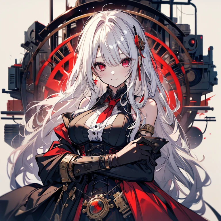 1 girl、Mature、Ample breasts、Long Hair、White Hair、Long Hair、Red Eyes、steampunk outfit、dress、黒いdress、Shoulder Bare、A seductive smile、corset、basement、Steampunk city、Broken glass、explosion、fire、Sparks fly、Chemical plant、mad scientist、cyborg、Prosthetic arm、Eye patch、Blood splatter、High resolution、Highest quality