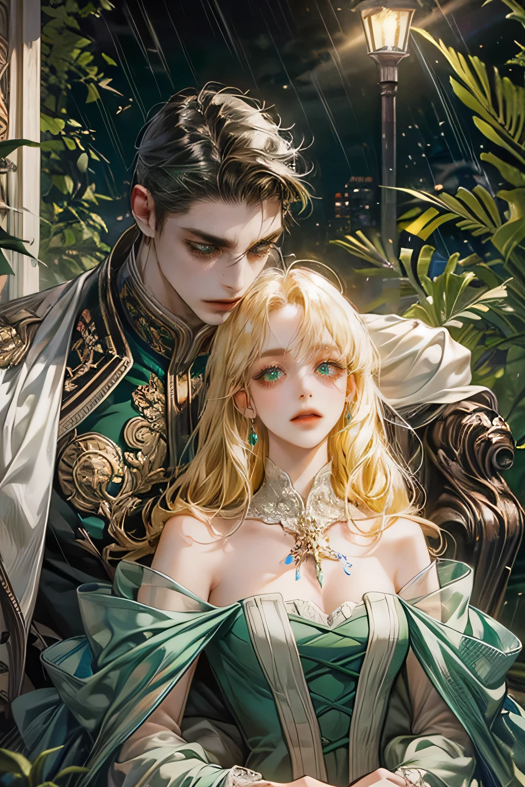 8k, complex, elegant, Very detailed, majestic, digital photography, surreal painting, defeat magic, night garden, blue tones,Winding lightning, (masterpiece, side light, fine and beautiful eyes: 1.2), HdR, (bright green eyes)), victorian dress, (bright tattoo), Chica elegant, cana, musculature, White skin, Raining, elegant, in front of the camera, masterpiece, different hair colors, black hair men, blonde hair women, noticeable height difference, slender girl, robust muscular boy