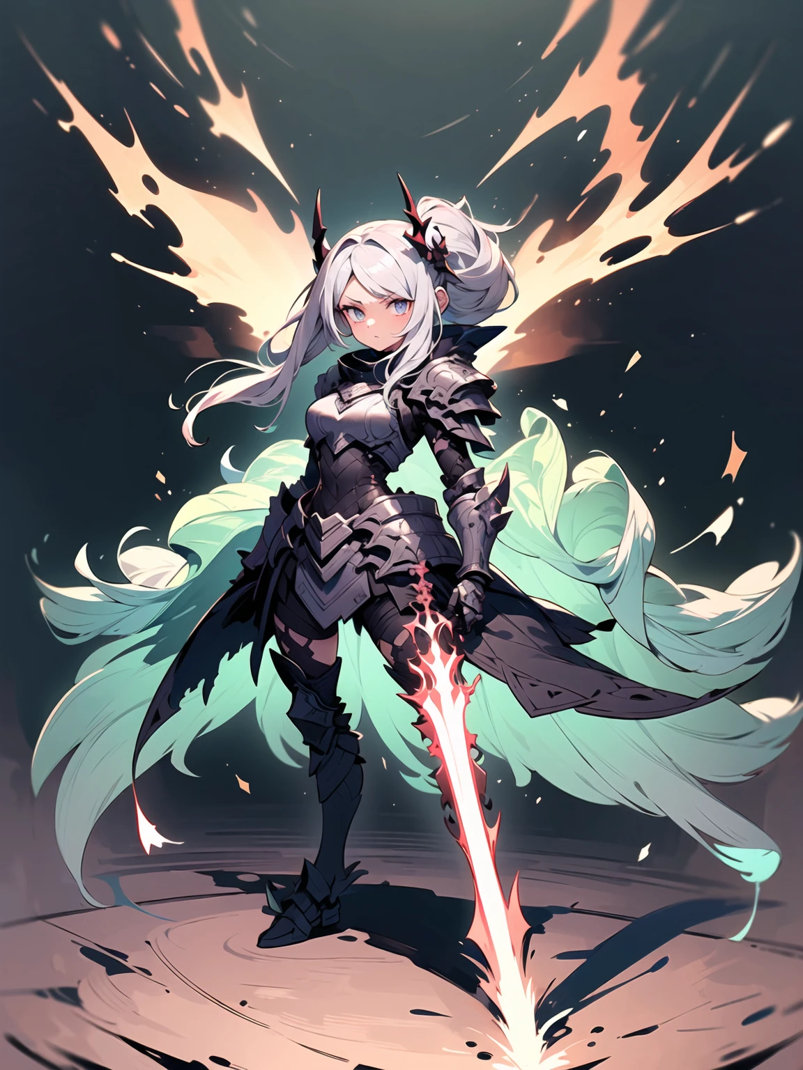 best quality, soft light, ultra high res, (photorealistic:1.4), RAW photo, 1japanese girl, solo, (pupil, lights in the eyes), (detailed beautiful face, perfect face), (large chest), (long hair), indoor, rainbow eyes, silver hair, bikini armor, unconvincing armor, cleavage, wide hips, (wings, hip wings, large wings, dragon wings), scythe, holding weapon, armored gloves, shoulder gloves, armored boots, thigh highs, micro skirt, exposed stomach, crop top, (ideal body proportions), pale skin, 18-year-old woman, sheer clothing, waste cape, underboob, high heels, stilettoes