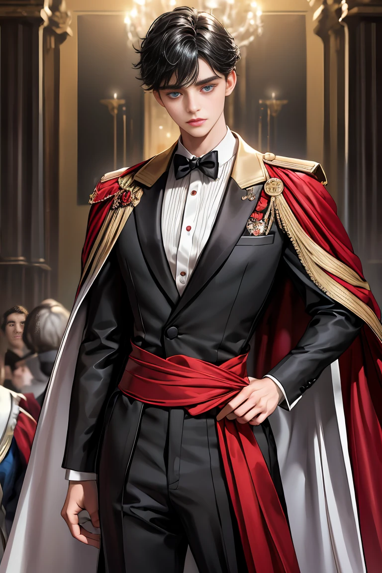 masterpiece, 最high quality, high quality, 1 boy, alone, Male focus, Watching the audience, Messy black hair, Adorable big blue eyes, White, Noble, Noble,A sexy, voluminous, puffy cape、tuxedo、A very voluminous, large, very large, very large, long, long red and black cape with a high stand-up collar, made of a lot of fabric that reaches down to the floor., 17 years old,Cute beautiful boys,Cute, cute, kind, handsome guy