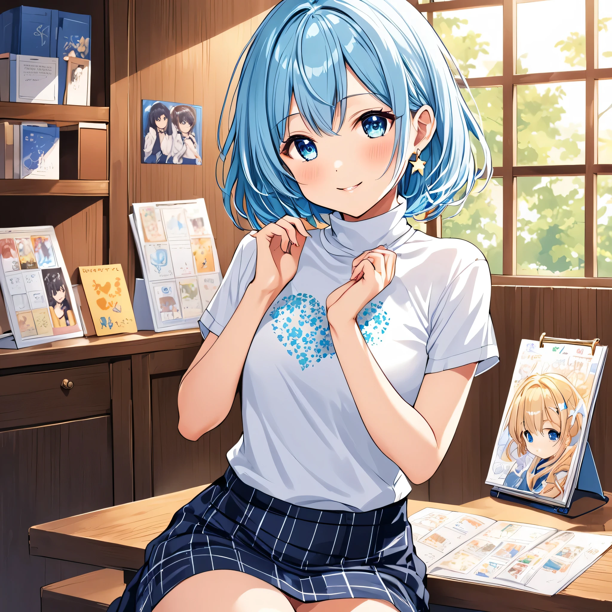 Aoi Nakamura is an extremely cute and charming young journalist, perfect as a mascot for Anime Lover Brazil. Your light blue hair, Long and slightly wavy, falls gracefully from the shoulders, giving it an elegant and captivating look. Her big clear eyes are always shining with curiosity and enthusiasm, reflecting your passion for discovering new stories and adventures.
Aoi's fair and smooth skin highlights her semi-human nature, while the adorable wolf ears, covered in soft blue fur, positioned on top of the head, add a distinctive and charming touch to your appearance. Complementing its wolfish characteristics, a blue wolf tail sways happily behind her, expressing your emotions clearly.
Dressed in a white turtleneck micro t-shirt, adjusted to the body, and a low-waisted pencil skirt decorated with small star designs, Aoi displays a cute, age-appropriate style. Its slender and exposed waist adds an innocent charm, while small earrings in the shape of hearts or stars complete her enchanting look.
In his characteristic pose, Aoi is sitting with her arms crossed, exuding a combination of confidence and tenderness. With a radiant smile and a sparkle in your eyes, She forms a heart with her hands, showing your love and dedication to your work and your friends. This pose not only highlights her cuteness, but also his friendly and energetic personality, captivating everyone around you.