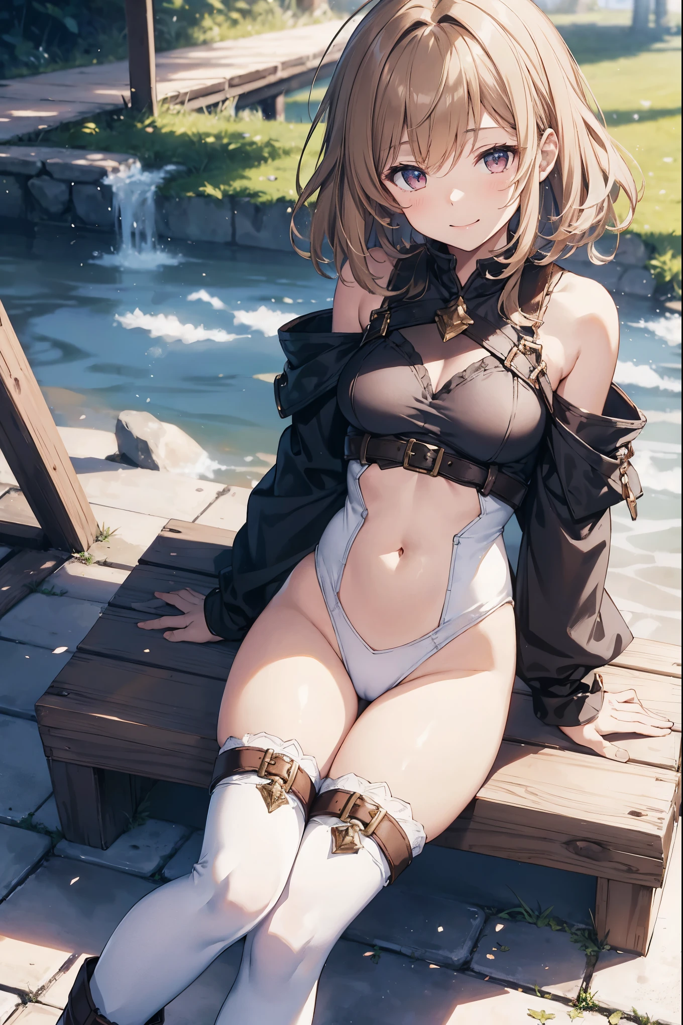 GRANBLUEfantasy,ung_teeirl,brown_hair,medium_bob_hair,platina_blond_hair,white_leotard,covered_crotch,thigh-highs,smile,standing,bluesky_landscape_background,slightly_spread_legs,happiness, short_gloves ,solo, r18, navel,relicbuster,short,boots,open_mouth,sitting,knees,