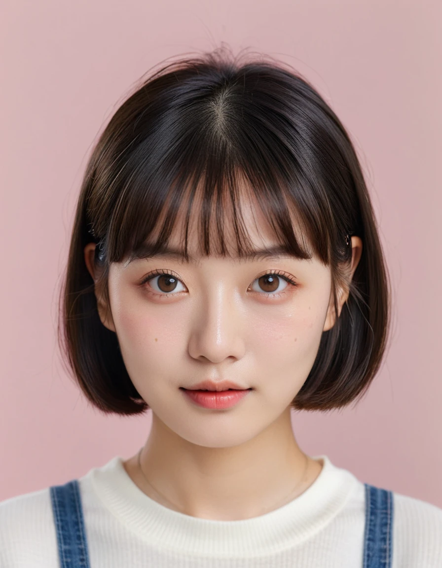 hyper-realistic portrait of a 16-year-old Japanese girl with a naturally cute and cheerful expression, large expressive almond-shaped brown eyes with double eyelids, small and delicate nose, smooth fair skin with subtle freckles and a natural pink blush, slightly rounded cheeks, full and soft pink lips, short straight black hair styled in a sleek bob with blunt bangs, realistic and natural skin texture, soft and diffused lighting, subtle imperfections for realism, minimalistic background with slight bokeh, photorealistic, 8k, highly detailed and realistic textures, vibrant yet natural colors, high-quality cinematic style, realistic eye reflections, focus on lifelike appearance and charm