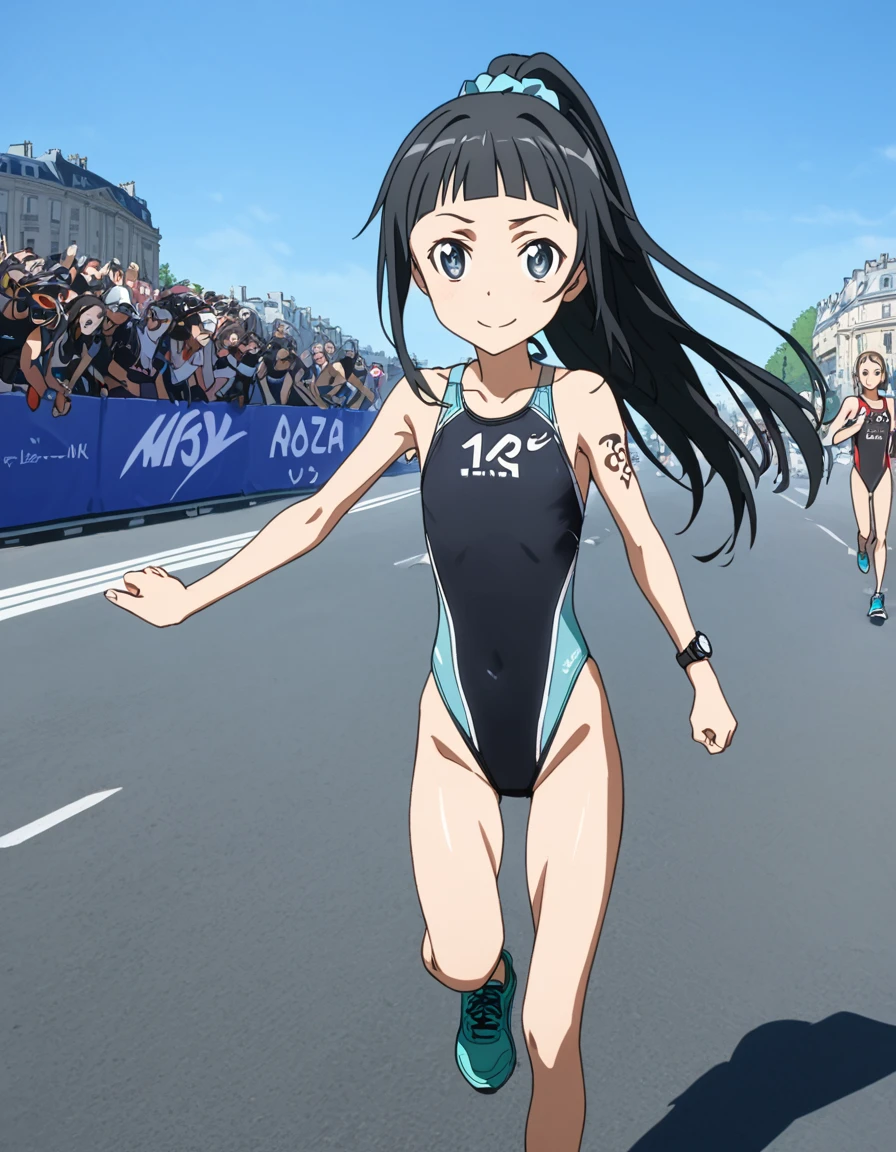 (masterpiece), best quality, expressive eyes, perfect face, 1girl, solo, everyone, anime style, a1 picture, sao anime, 4k quality, masterpiece, best quality, sword art online, triathlon, olympics, 2024 paris olympics, young girl, cute, , yui, long hair, blunt bangs, hime cut, black hair, long hair, high ponytail, hair scrunchie, flat chest, bare legs, bare shoulder, muscular, muscular female, bodybuilder, muscular, hyper muscles, muscular abs, muscular arms, muscular legs, muscular neck, muscular shoulders, muscular thighs, shiny skin, sweat, arena (company), competition swimsuit, one-piece swimsuit, black one-piece swimsuit, highleg swimsuit , clothes writing, skin tight, nike (company), shoes, air max, sneakers, aqua footwear, watch, wristwatch, clothes writing , tattoo, shoulder tattoo, leg tattoo, Temporary Race Number, ((number tattoo "15")), race bib, ((race bib name "YUI JAPAN")), semi-rimless eyewear, sunglasses, tinted eyewear, sports sunglasses, blue-tinted eyewear, alternate eyewear, over-rim eyewear, racerback, running, full body, running towards away, running on road, full body, smile, negative_hand, easynegative, wide shot, outdoor, paris, city,  