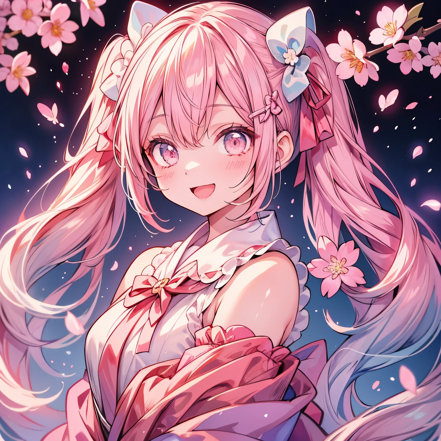 Sakura Miku、smile、Open your mouth、Particles of light、Observe the audience、Look at this、Cherry blossom background
