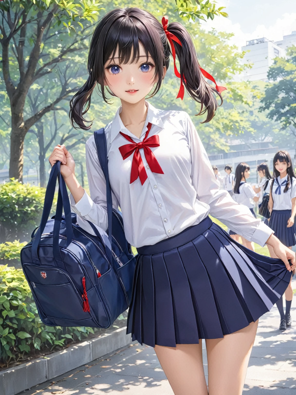 High school girls、carrying a school bag、Navy blue with grey shoulder strap、uniform、Pleated skirt、White shirt、Red ribbon