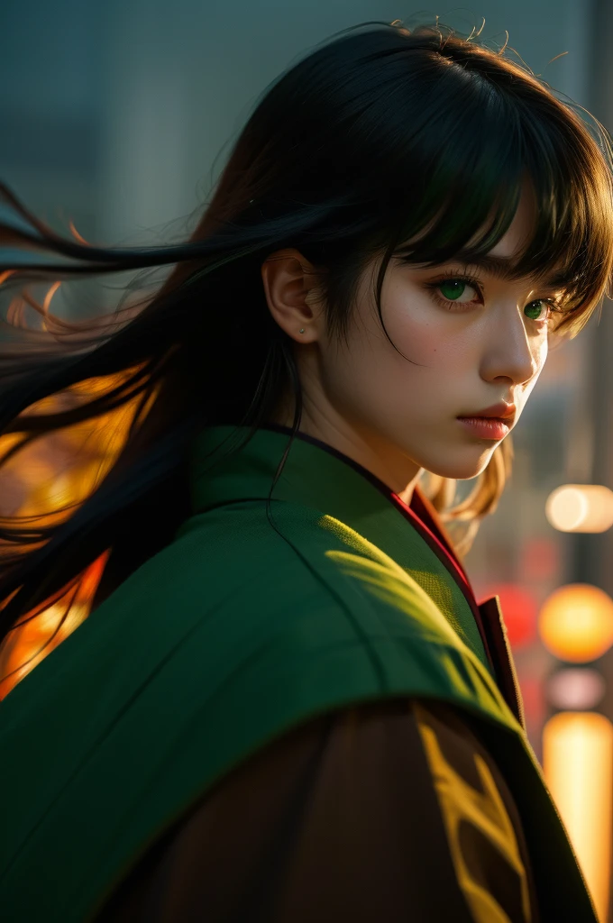 i want the whole image to be created in 3D anime style, solo, long hair, looking at viewer, bangs, black hair, 1boy, hair between eyes, closed mouth, green eyes, male focus, multicolored hair, japanese clothes, lips, eyelashes, portrait, close-up, haori, demon slayer uniform