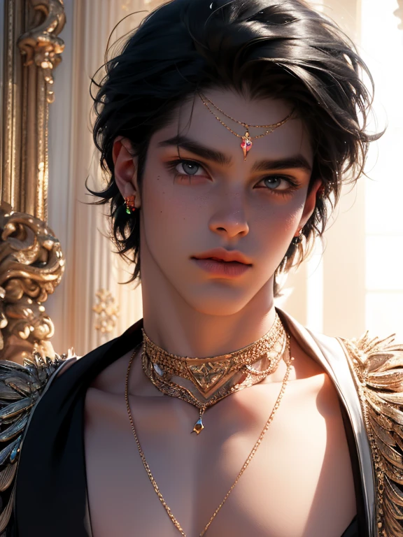 The magical look of a boy with wavy black hair, Rainbow eyes , sparkling eyes ! just sparkles from the eyes - such a piercing look !! dark skin, Cute boy, boy with a beautiful face, Realistic anime style . Mysterious magic surrounds him !against the backdrop of the universe , with flashing lightning