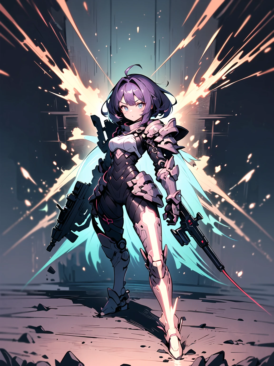 (((masterpiece, best quality, high detailed, 16k))) (1girl) A fierce girl with short, purple hair, her eyes glowing with a cybernetic intensity. She is clad in heavy cyber armor, a blend of dark metallic hues and neon accents, adorned with intricate circuitry patterns. The armor is robust and imposing, designed for both defense and power, featuring advanced technology and integrated weaponry. Her stance is confident and ready for action, exuding a sense of unstoppable strength and futuristic prowess. Around her, the atmosphere is charged with energy, highlighting her presence as a formidable cyber warrior. ((full body view))