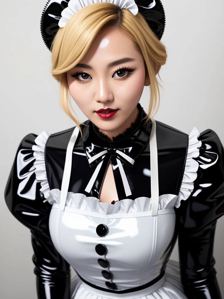 masterpiece, best quality, professional detailed photo of (blonde Korean beauty:1.3) wearing (glossy latex Victorian maid dress:1.3), (perfect face, beautiful face, symmetric face)