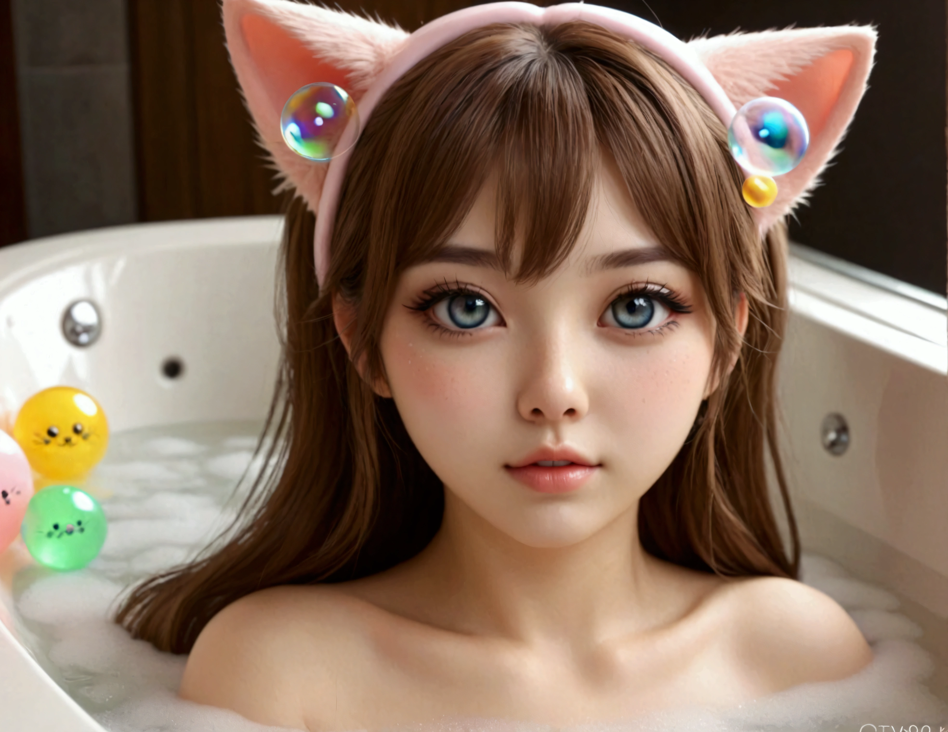 a cute 20 year old girl Xiaorou SeeU, adorable sexy cat girl, big beautiful eyes, naked, playing adorably with bubbles, enjoying a bubble bath, bathroom with bubble bath in tub, bubbles cover nsfw content, detailed face, extremely detailed eyes, beautiful detailed lips, long eyelashes, masterpiece, best quality, 8k, ultra-detailed, realistic, photorealistic, soft warm lighting, pastel colors, cat ears, kawaii, cute expression