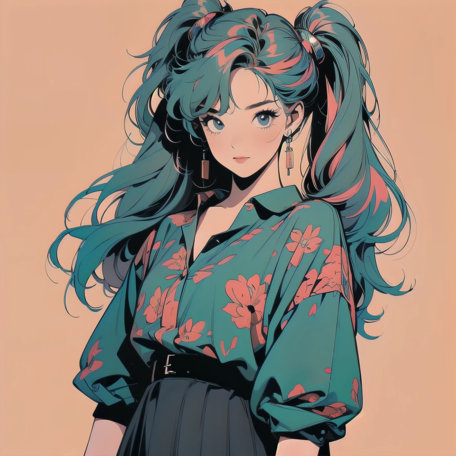 whole body, Upper Body, Messy room, Apartment, 1 girl, 4K, Warm colors , mysterious , skirt, blouse、Faint lighting、Detailed Hair、Perfect Face、80s fashion、retro color、Highest quality、Detailed Background、Complex background、sunset、Hair color mixed with various colors、anime、twin tails hair