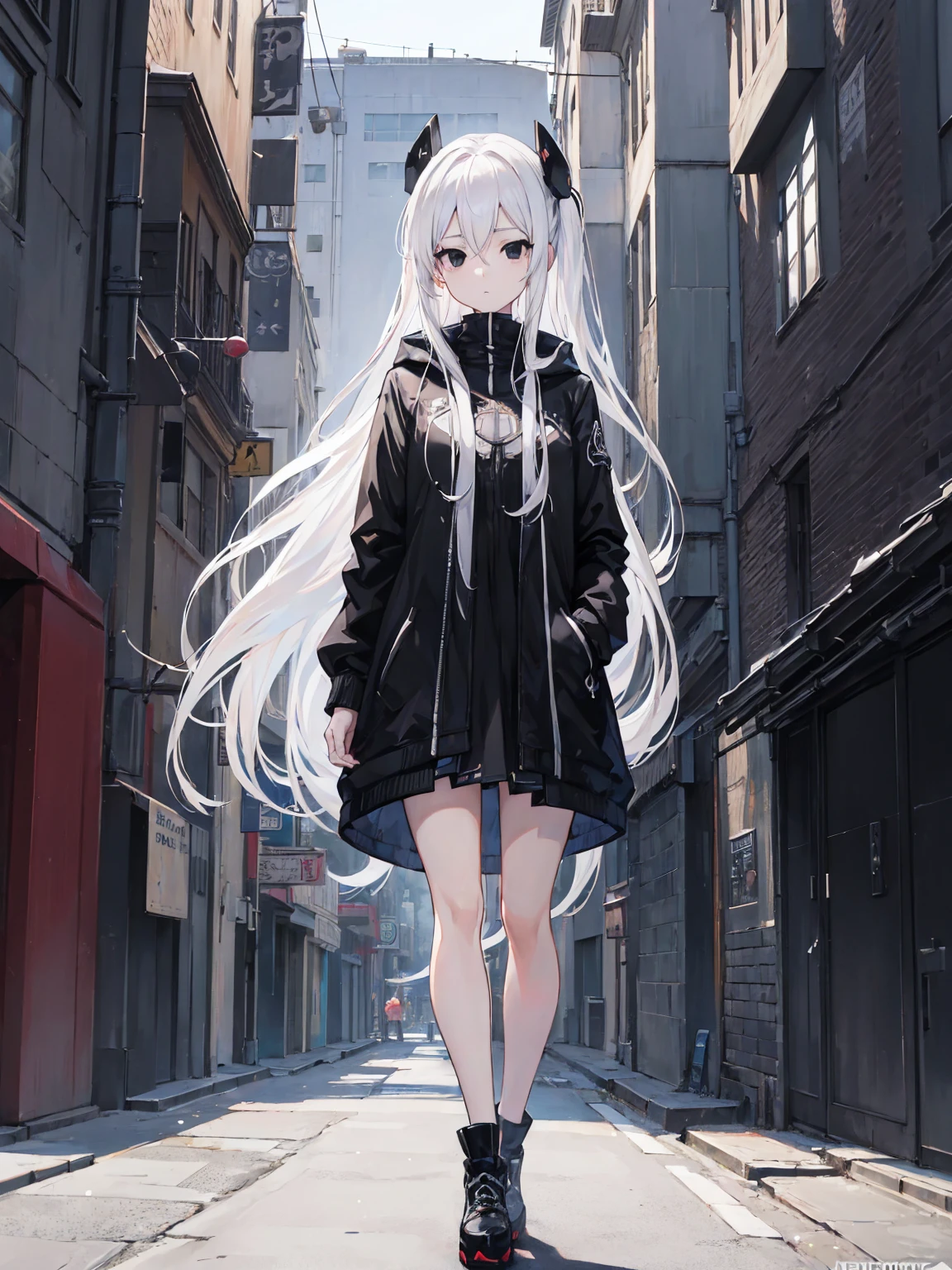 Long white hair standing on the sidewalk、Anime girl in black jacket, Best Anime 4K Konachan Wallpapers, Anime style 4k, White hair girl, anime art wallpaper 8 k, Perfect white-haired girl, Anime Art Wallpaper 4K, Anime Art Wallpaper 4K, Anime Wallpaper 4K, Anime Wallpaper 4K, 4k anime wallpaper, Girls Frontline style, (Black eyes:1.6)