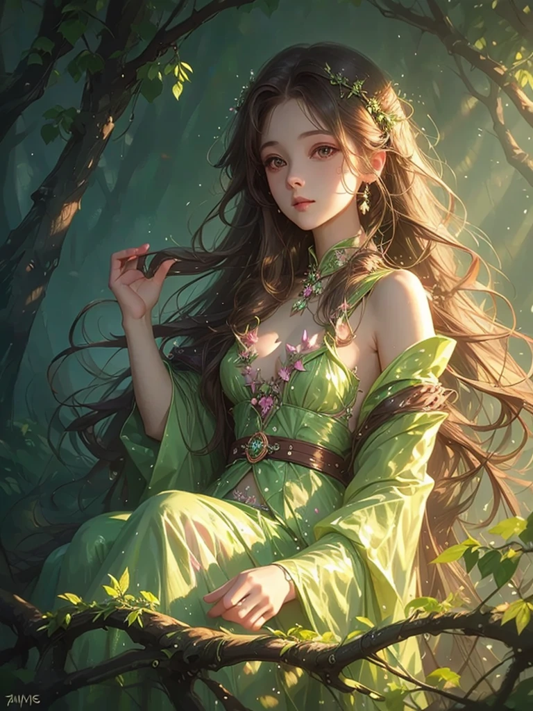 High quality, high resolution, one beautiful girl with long pink hair, moonlit forest, fantastic forest, fantasy art, wizard, body shining, lots of butterflies around々
