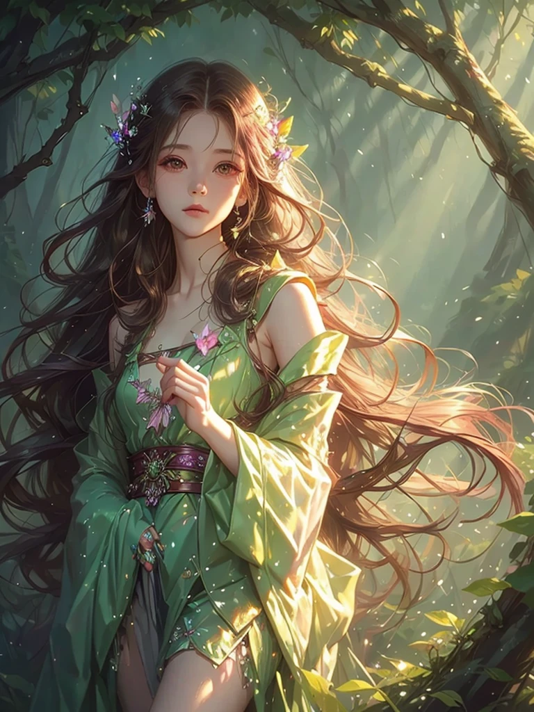 High quality, high resolution, one beautiful girl with long pink hair, moonlit forest, fantastic forest, fantasy art, wizard, body shining, lots of butterflies around々