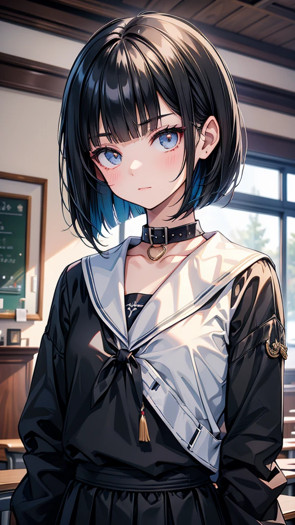 high school student　Bobcut　Black Hair　expensive　Narrow eyes　Expressionless　Glare　frivolous attitude　Country-style black sailor suit　Nagoya collar　Rural classroom　Close-up of face