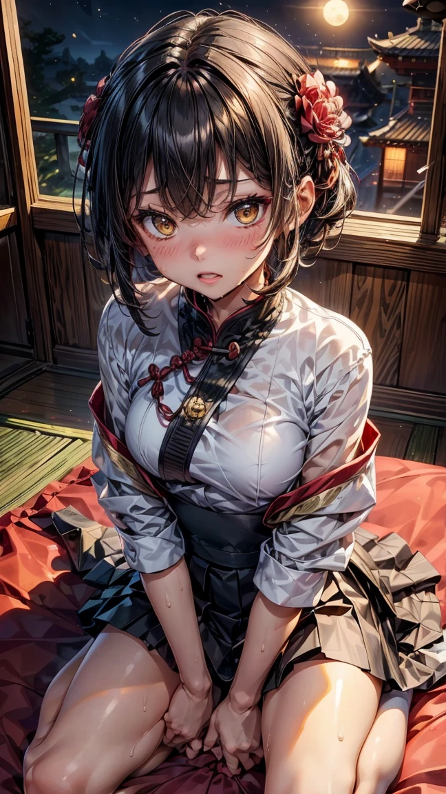 Young girl 18 years old, milky short hair, hair flower, yellow eyes, cold expression, Open your little mouth. Wears traditional Chinese imperial clothing ((black)), with gold details, red skirt, meias até a coxa black. slim but well proportioned body. On your knees on the bed, kneeling, from the top point of view, far view. in a Japanese room, at night, with full moon in the background, light reflecting on the sexy and sweaty body. (((sweat)))