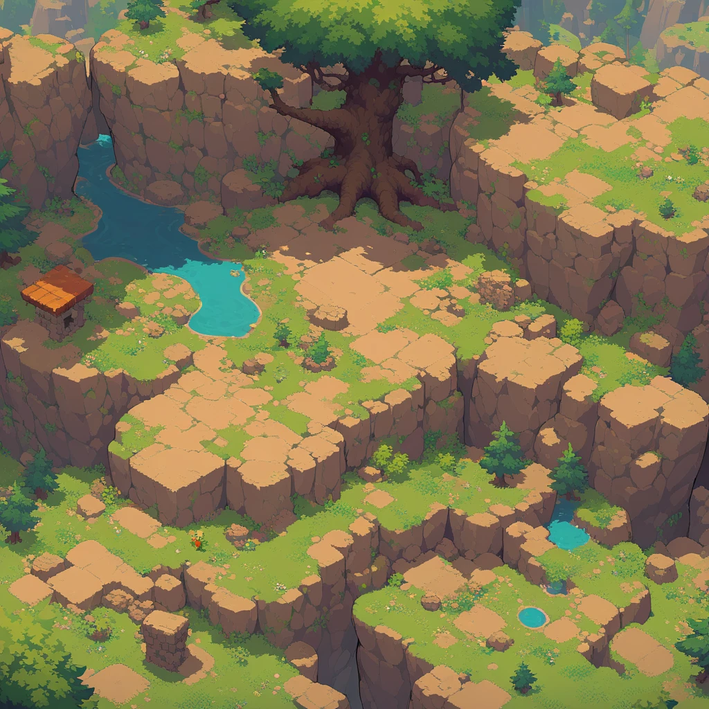 retro video game style,pixelated, vibrant colors,8-bit characters,blocky shapes,sharp lines,detailed shading,classic gaming vibe,nostalgic atmosphere,classic arcade games,masterpiece:1.2,ultra-detailed,illustration style, 2d texture, stone texture, 4 k seamless mud texture, video game texture, dirt texture, tileset, game tiles, grass, 3/4th perspective trees, 3/4th perspective tileable rock texture, 3/4th perspective tileable cliff formations, tileable trees, topdown view, game texture, game art, tileable texture, very detailed cliff texture, intricate stones, top down view, 3/4th perspective