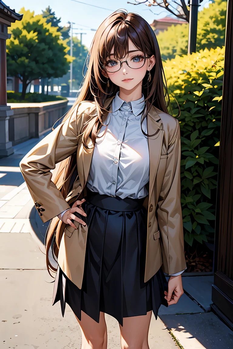 ((Highest quality)),(超High resolution),(非常にdetailed),(detailed Description),((The best CG)),(masterpiece),Ultra-detailed art、(Highest quality、8k、32K、masterpiece)、(Realistic)、(Realistic:1.2)、(High resolution)、非常にdetailed、とても美しいfaceとeye、1 female、((細いeye、垂れeye:1.4、fine grain))、Tight waist、Delicate body、(Highest quality、Attention to detail、Rich skin detail)、(Highest quality、8k、Oil paints:1.2)、非常にdetailed、(Realistic、Realistic:1.37)、 face: 大きなeye、Sharp jaw、Thin eyebrows、整ったface立ち 髪型: Straight long hair、The bangs are straight and fall on the forehead.: Brown or platinum blonde skin: Light skin tone、Smooth and healthy skin clothing: tops: A tight-fitting uniform jacket、Knee Length Accessories: Simple Earrings、Watches Shoes: Loafers or short boots Other features: Performance: 穏やかで優しい笑faceのポーズ: standing naturally、or、Background with hands lightly placed on hips: School corridor、or自然の風景(Under the cherry blossoms) detailed: eye: 大きくて輝くeye、 Hair swaying as if blown by the wind.、Give it a glossy look,Glasses,teacher,Brown Hair