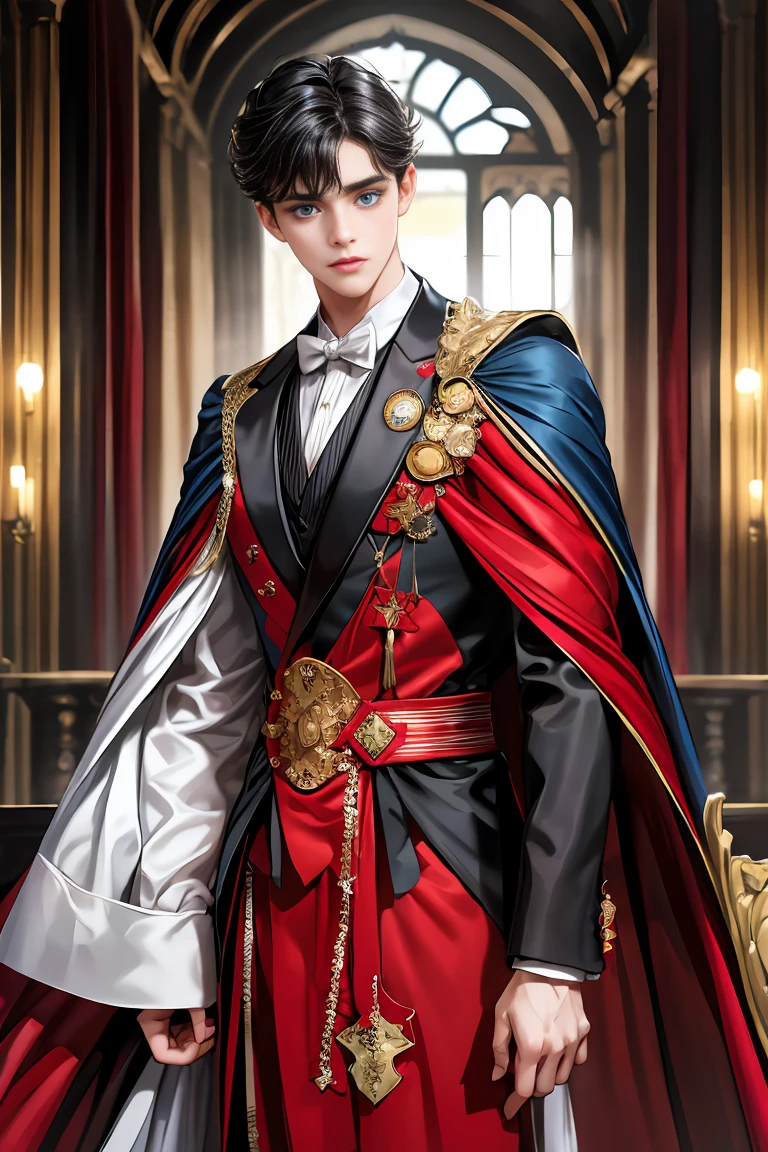 masterpiece, 最high quality, high quality, 1 boy, alone, Male focus, Watching the audience, Messy black hair, Adorable big blue eyes, White, Noble, Noble,A sexy, voluminous, puffy cape、tuxedo、A very voluminous, large, very large, very large, long, long red and black cape with a high stand-up collar, made of a lot of fabric that reaches down to the floor., ,Cute beautiful boys,Cute, cute, kind, handsome guy