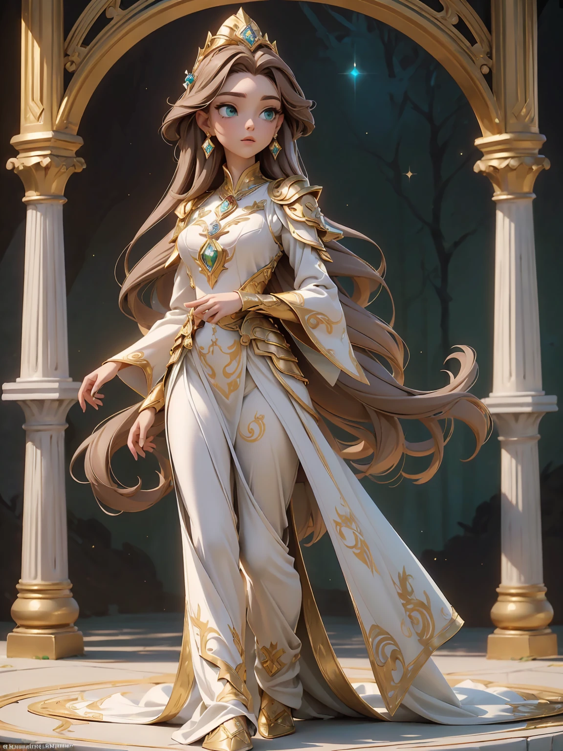 (((masterpiece, best quality, high detailed, 16k))) (1girl) An unimaginably beautiful princess with short, chestnut brown hair and captivating green eyes. She is adorned in celestial armor, shimmering with a blend of white and gold, intricately detailed with ethereal patterns and symbols of nobility and divinity. The armor is elegant and protective, enhancing her regal presence. Her beauty is radiant and enchanting, her gaze exuding wisdom and grace. She stands tall and poised, embodying both strength and serenity. A soft, heavenly glow surrounds her, accentuating her celestial aura and royal lineage. ((full body view))
