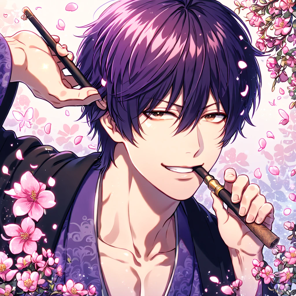 absurdres, highres, ultra detailed, HDR, master piece, best quality, extremely detailed, Takasugi Shinsuke, dark purple hair, hair over the left eye, expressive brown eyes, Gintama, solo, sexy man holding a tobacco pipe, handsome, handsome smile, black haori, dark purple kimono with patterns, fantasy, shining, pink flowers, pink blossoms, pink butterflies, pink petals