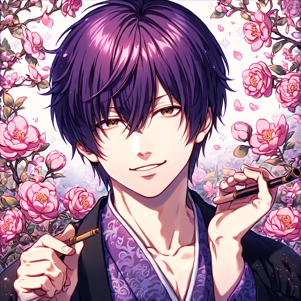 absurdres, highres, ultra detailed, HDR, master piece, best quality, extremely detailed, Takasugi Shinsuke, dark purple hair, hair over the left eye, expressive brown eyes, Gintama, solo, sexy man holding a tobacco pipe, handsome, handsome smile, black haori, dark purple kimono with patterns, fantasy, shining, pink flowers, pink blossoms, pink butterflies, pink petals