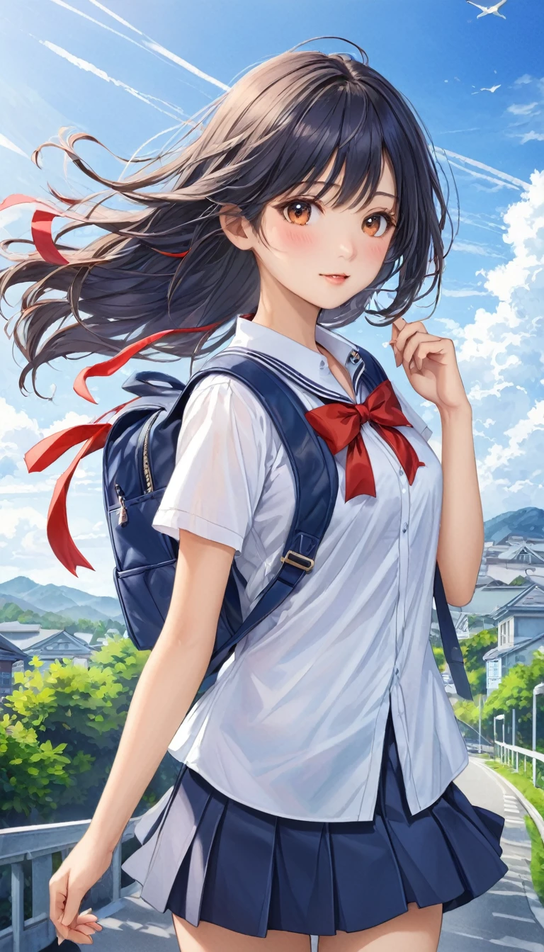  Photo quality、4K、woman，Dark blue high 、whiteいシャツ、Red ribbon、Navy blue school bag、通学Wind景、School、white，art，advertisement，Colored pencil drawing，draft 、Summer Girl、Wind