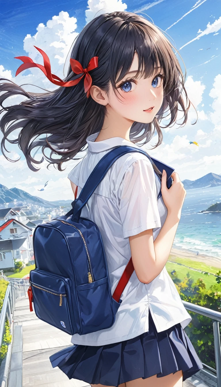 Photo quality、4K、woman,Dark blue high 、whiteいシャツ、Red ribbon、Navy blue school bag、通学Wind景、School、white,art,advertisement,Colored pencil drawing,draft 、Summer Girl、Wind
