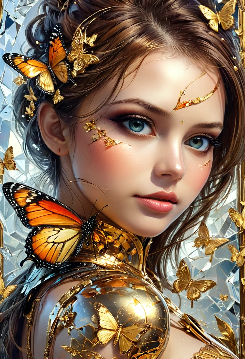 8k portrait of beautiful cyborg with brown hair, intricate, elegant, highly detailed, majestic, digital photography, art by artgerm and ruan jia and greg rutkowski surreal painting gold butterfly filigree, broken glass, (masterpiece, sidelighting, finely detailed beautiful eyes: 1.2), hdr, (detailed background window to a new dimension, plants and flowers:0.7) infinity, infinite symbol,