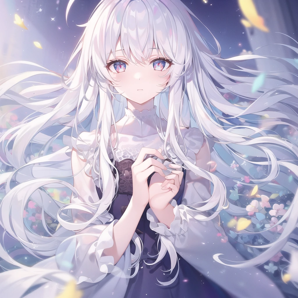 ((masterpiece, best quality))++, Detailed lighting+, Detailed hair+, Detail hand+ ,1 girl, Miss, Long hair, Crimson eyes, beautiful eyes, young white hair,,(Beautiful white hair:1.5),(Beautiful and delicate eyes), high resolution+,glass tint, Reflective eyes, {{angle}} , Very detailed wallpaper, The original, Air bangs,Extremely beautiful CG,Firefly,Galaxy,Shattered like a mirroghting,Galaxy