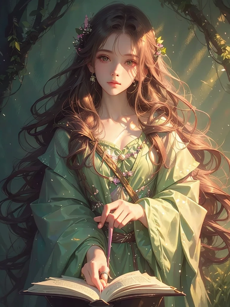 High quality, high resolution, close-up of a beautiful young wizard girl, wearing a wizard robe and hood, close-up of long pink hair, moonlit forest, fantastical forest, fantasy art, wizard, body shining, surrounded by lots of butterflies々