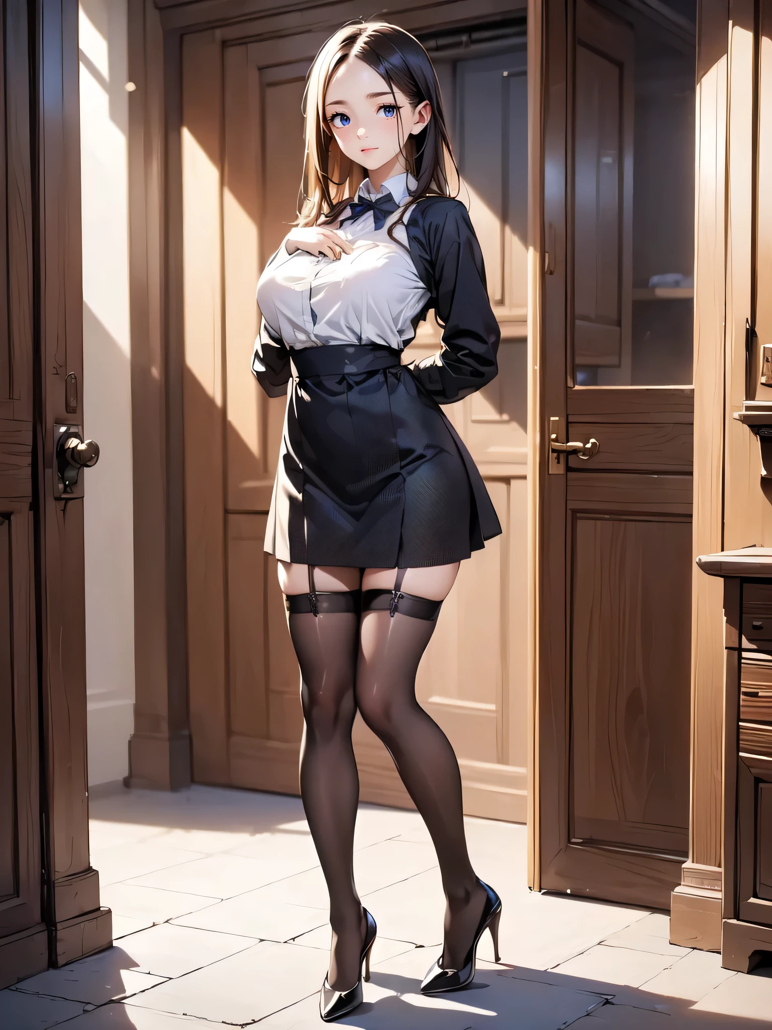 <lora:chunmmfullbody_v2:0.8>, (white shirt:1.1), microskirt, (sheath skirt:1.1), (pantyhose:1.2), corset, chunmomo, 1girl, solo, realistic, looking at viewer, smile, blurry, black eyes, black hair, bangs, long hair, day, blunt bangs, ponytail, soft light, 8K, ultra high resolution, ultra-detailed, photorealistic, an extremely delicate and beautiful, standing caffe, crossed legs,