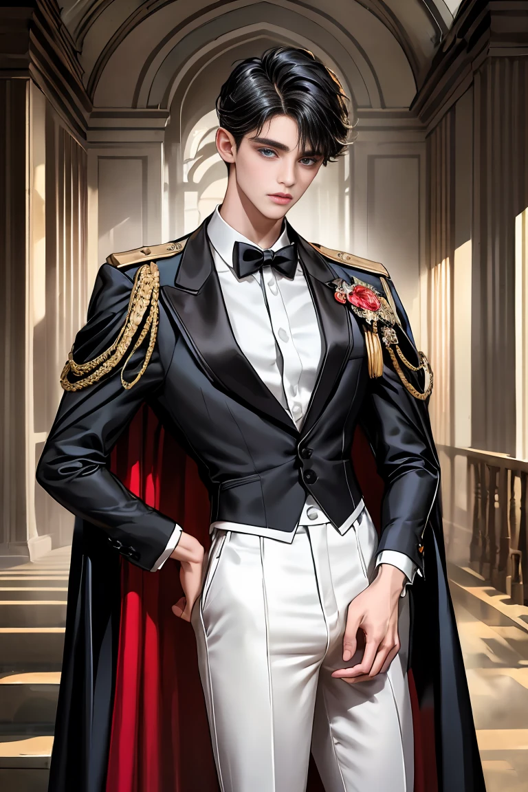 masterpiece, 最high quality, high quality, 1 boy, alone, Male focus, Watching the audience, Messy black hair, Adorable big blue eyes, White, Noble, Noble,A sexy, voluminous, puffy cape、tuxedo、A very voluminous, large, very large, very large, long, long red and black cape with a high stand-up collar, made of a lot of fabric that reaches down to the floor., 17 years old,Cute beautiful boys,Cute, cute, kind, handsome guy