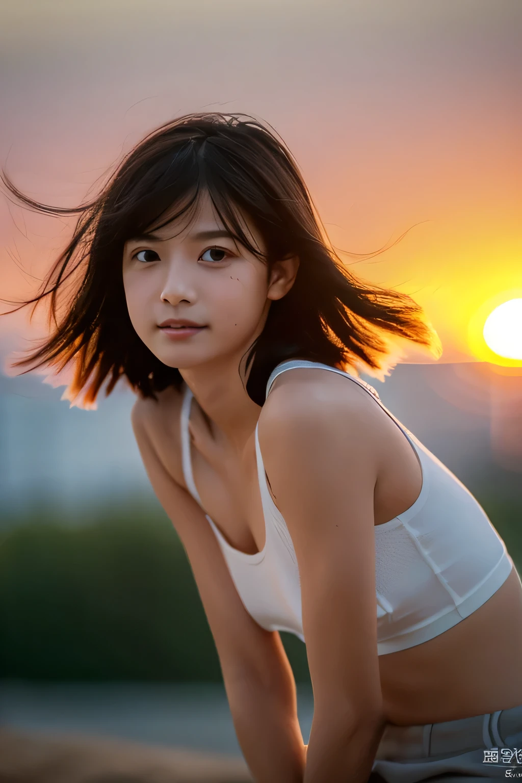 (Hyper Reality: 1.35), (Realistic: 1.4), A beautiful Japanese woman, smile, alone. (((No makeup))), masterpiece, 最high quality, high quality, alone, Very good, puberty, Only one girl, Well-trained slim body, muscular, slim body, breasts apart, extra large brasts, (最high quality)),((Very delicate and beautiful)),((Very shallow depth of field)), ((Incredibly shallow depth of field)). family friendly, ((Very delicate and beautiful)), (((Very shallow depth of field))), (((Unbelievably absurd))), dark brown hair, blowing boyish bob hair, shag messy hair, wolf cut, big hair, windで揺れる髪, Slim body type, ((( Camera Eye)))), (((small ))), Looks like a salon model, Cool face, Neutral facial features,(ecstasy:1.3) ,(slut:1.2),(vulgarity:1.3),(fucked silly:1.1),(steam:1.1),(Wet:0.8),(trembling:0.8),(tears:0.7) ,(drooling:0.6),(sweat:0.8),open mouth,  poor, my + background, Dynamic Angle, Focus on women, {Particles of light}, Detailed background, Soft lighting, (dramatic), sunset, very beautiful sunset, Live Action, Realistic, (blurred background), (((11 years old))), (((wind))), ((Movement)), ((emotion)), ((colorful)), ((Baby Face)), Wither, sea background, high neck, Sleeveless, turtleneck, (((whole body))), (((knees))), walking, sports bra,